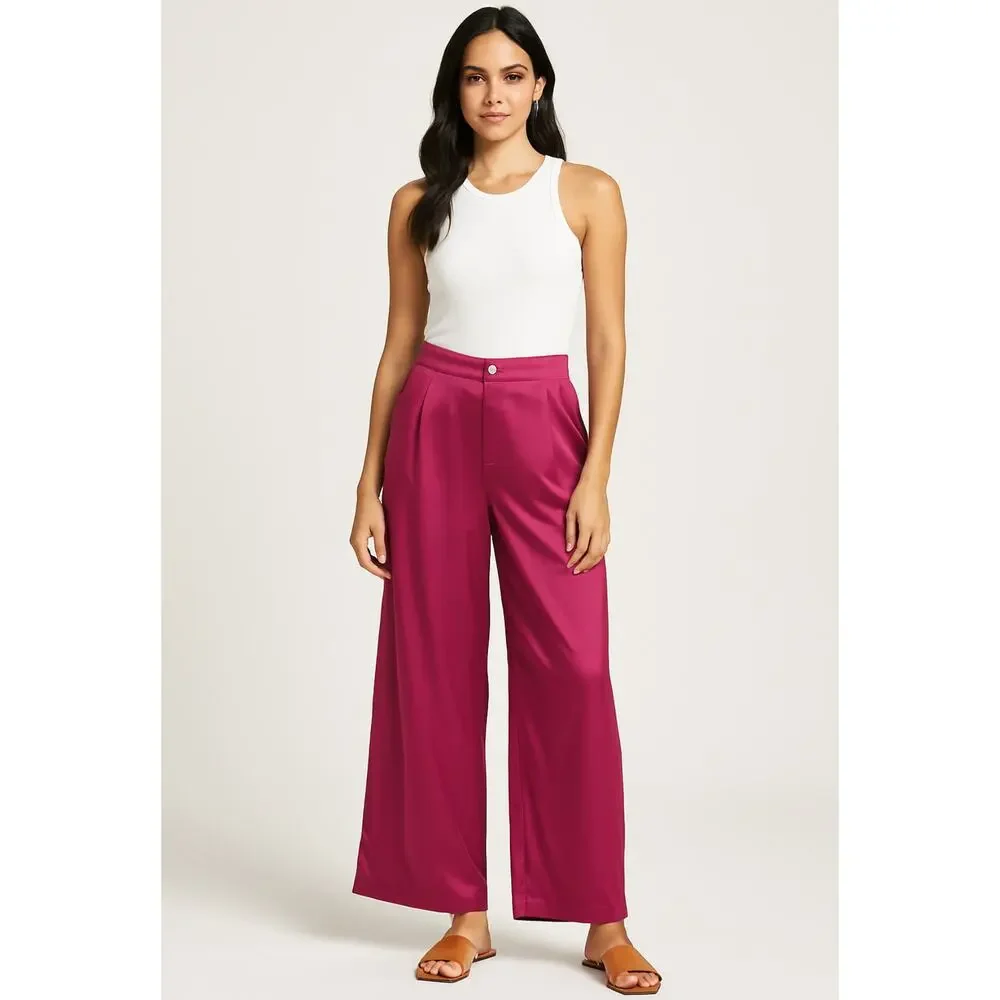 Tenickab The Drop Wide Leg Satin Pants Magenta Pink Medium High Waist Palazzo - Picture 1 of 9